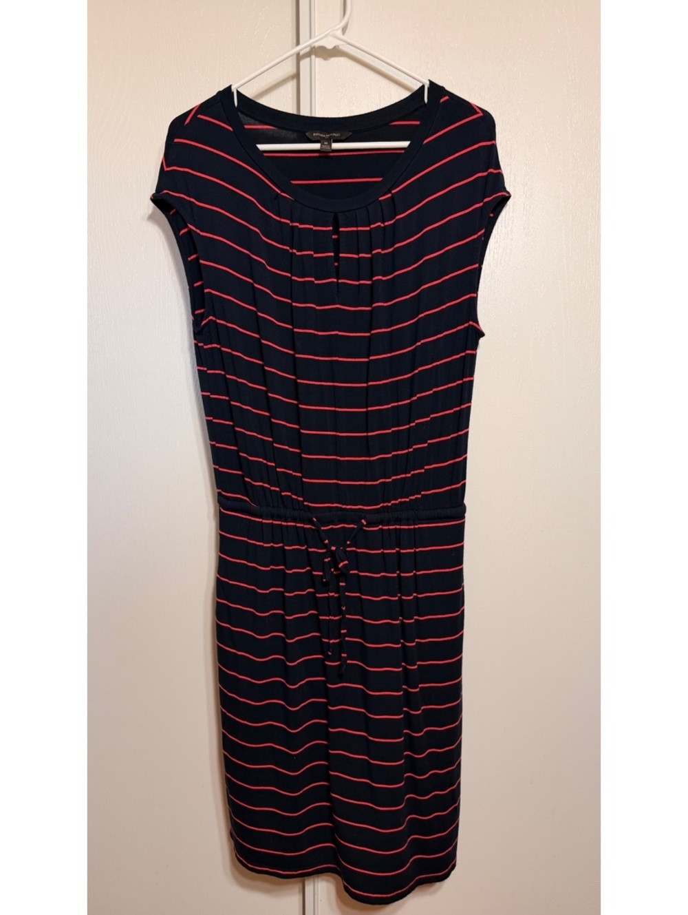 Banana Republic Womens M Navy Pink Striped Knit Dress Pockets Tie Waist